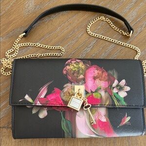 Ted Baker Black Floral Clutch with Gold Chain
